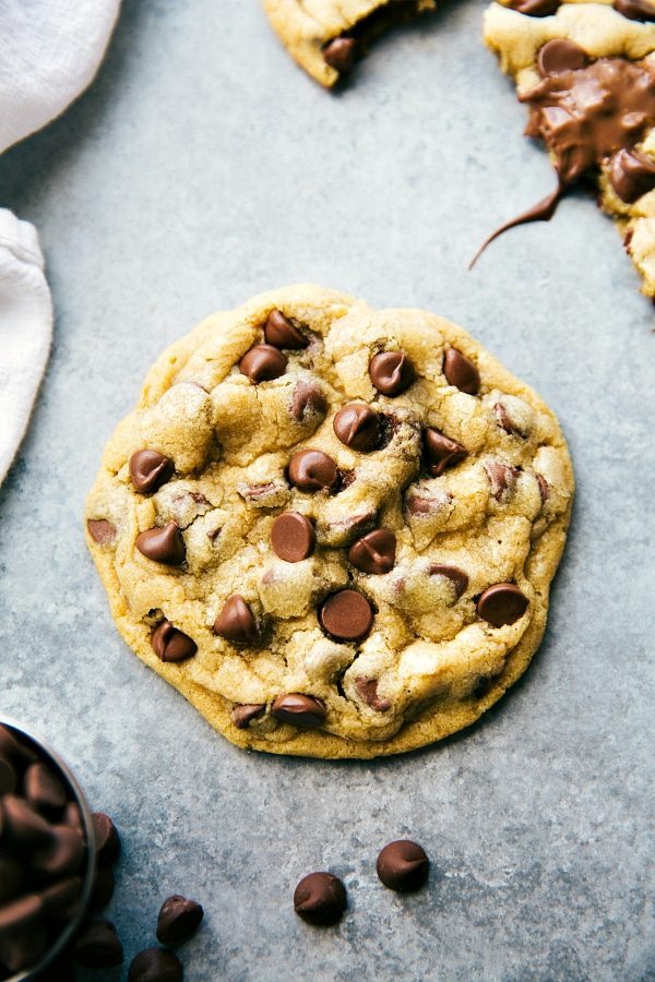 Quick, easy, and NO HOUR-LONG CHILLING! A small batch, single-serving-sized bakery style large chocolate-chip cookies. Recipe from chelseasmessyapron.com