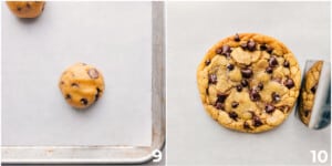 The dough ball being placed on a sheet pan and the single serve chocolate chip cookie being baked.
