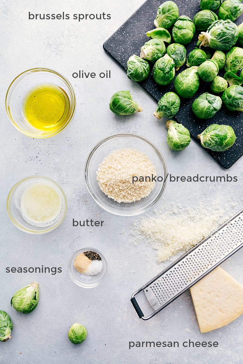 Overhead ingredient shot of everything needed for Roasted Brussels Sprouts.