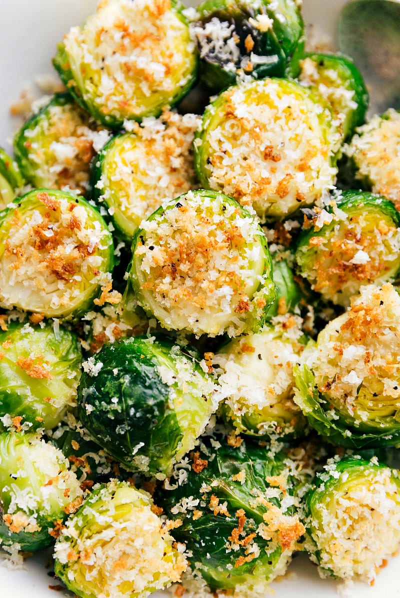 Up-close overhead photo of perfectly roasted Brussels sprouts