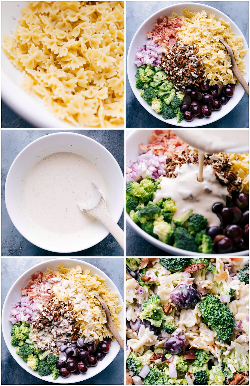 Mixing the ingredients and pouring dressing onto the broccoli pasta grape salad.