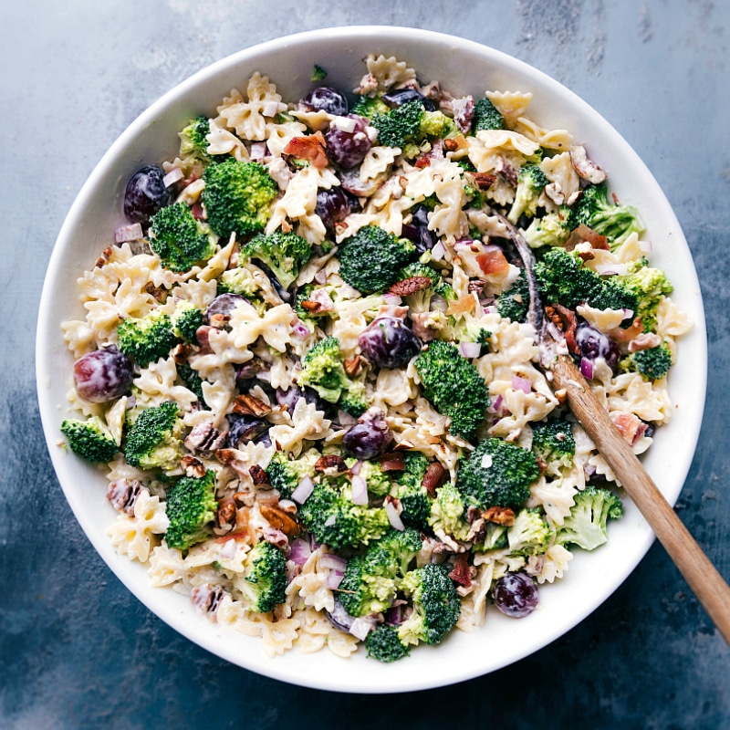 Overhead image of Broccoli Grape Pasta Salad in a bowl ready to be served and eaten.