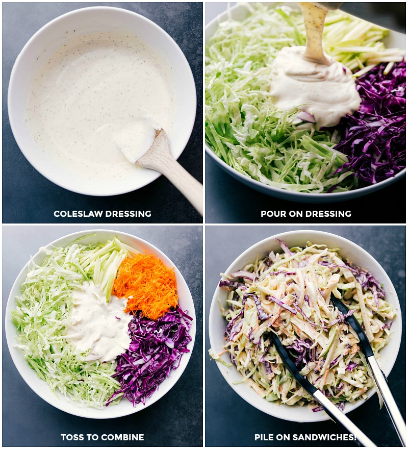 Making coleslaw dressing and pouring it over shredded vegetables.