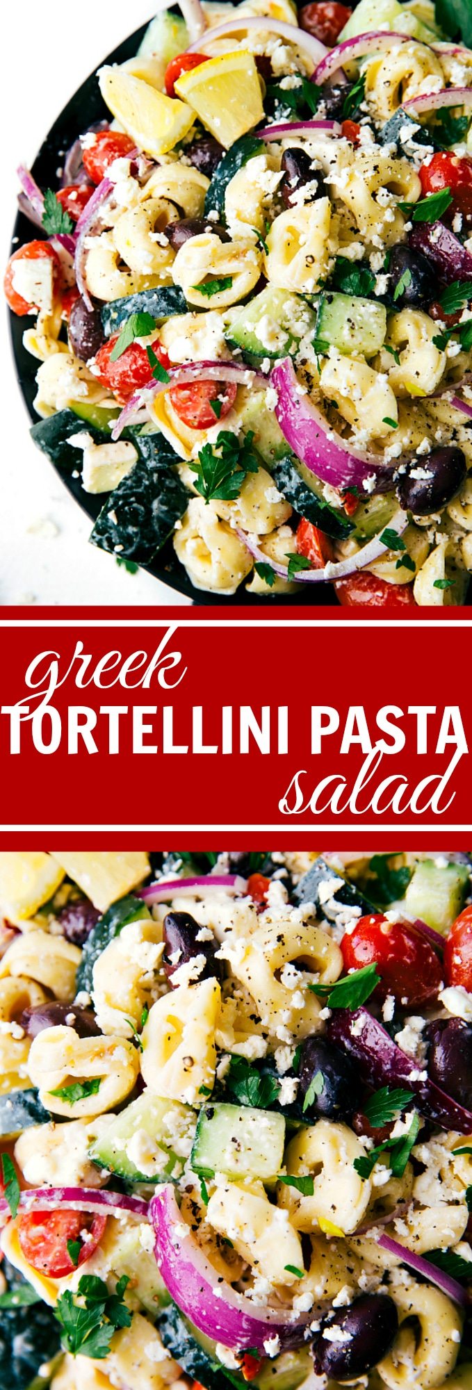 Easy Greek tortellini pasta salad with a healthier (no mayo) dressing. Feta, cucumbers, cherry tomatoes, red onions, olives, tortellini.