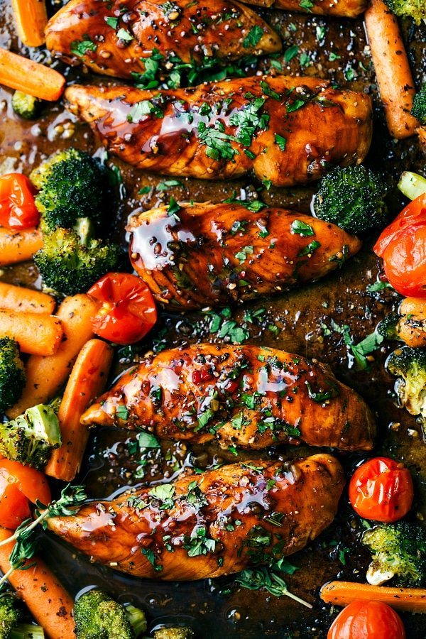 Easy sweet Balsamic chicken and veggies made in one pan. Ten minute prep and twenty minute cooking time -- this meal is efficient, healthy, and simple to make!