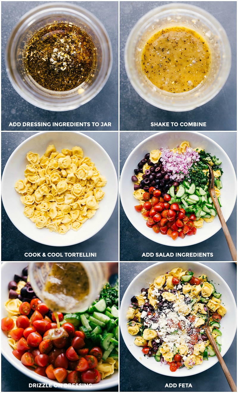 Making the dressing, adding ingredients to a bowl, and combining everything with the dressing.