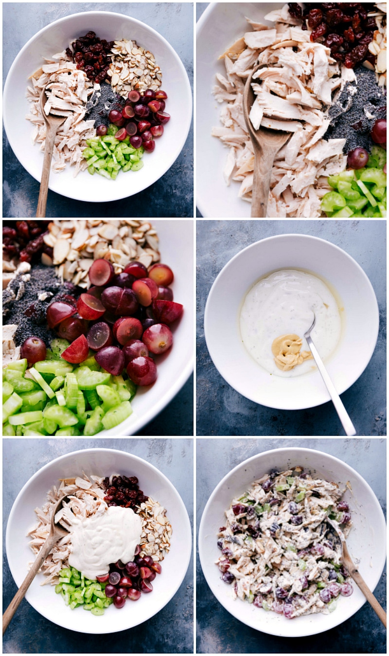 Process shots-- images of the ingredients for Healthy Chicken Salad in a bowl with the dressing being added and then it all being mixed together.