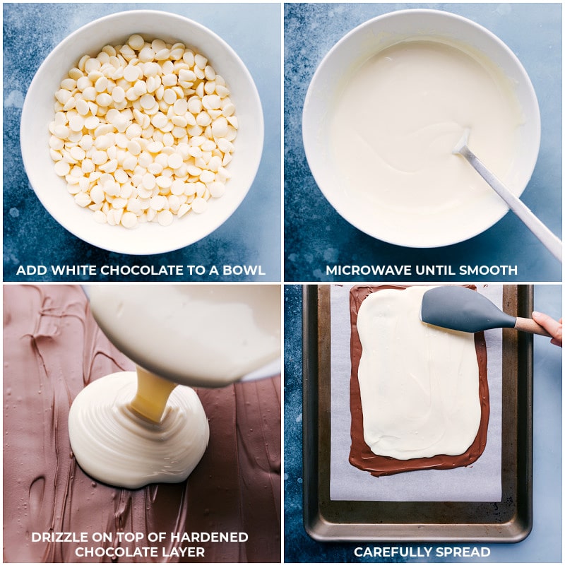 Process shots: melting the white chocolate and adding it to the milk chocolate layer