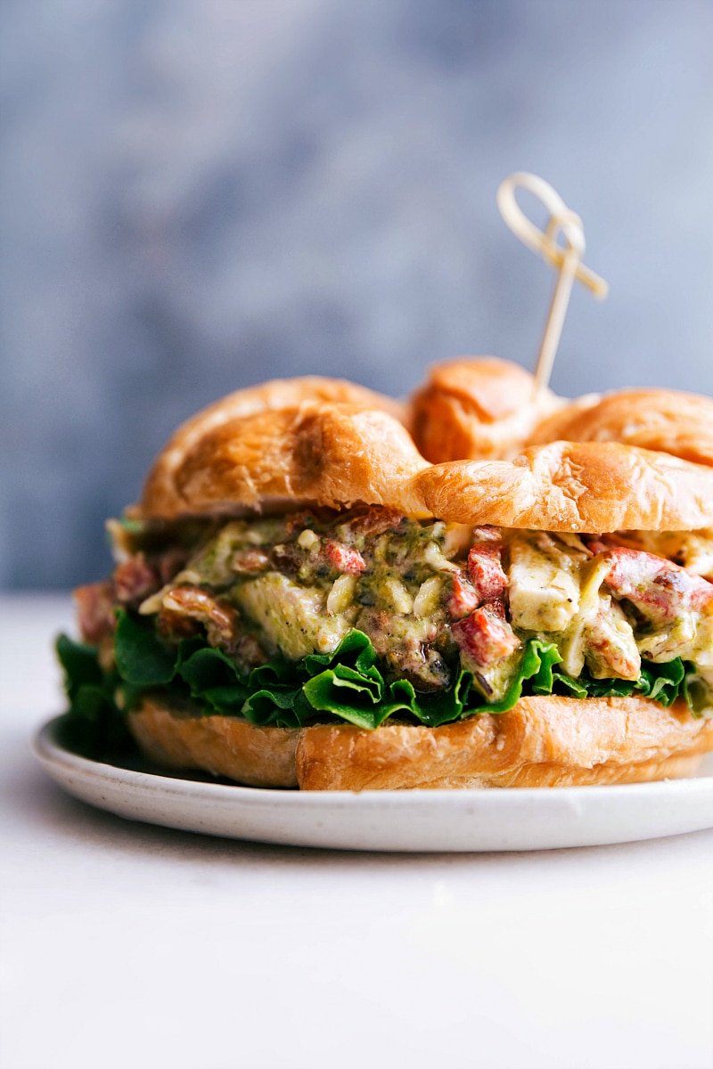 Up-close image of Pesto Chicken Salad, ready to be eaten.