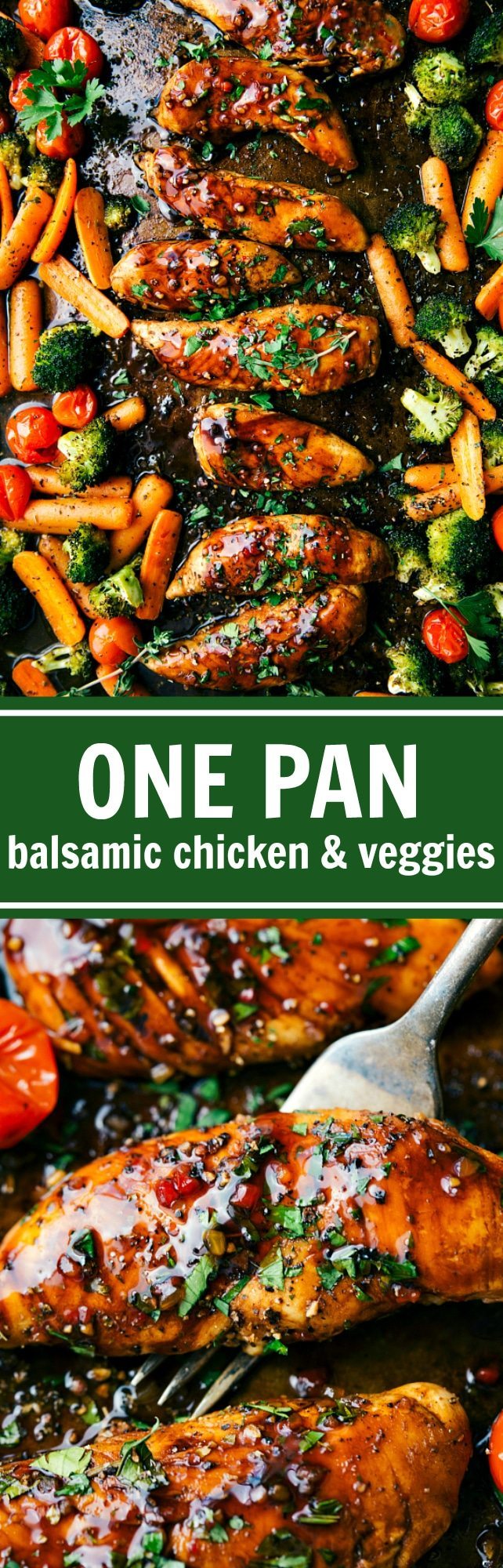 Sweet Balsamic chicken and veggies made in one pan. Ten minute prep and twenty minute cooking time -- this meal is efficient, healthy, and simple to make! via chelseasmessyapron.com
