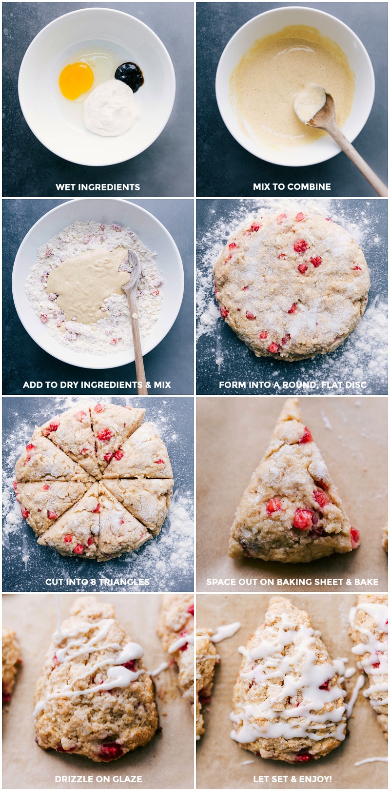 Making the dough and cutting it into triangles, baking, and adding glaze.