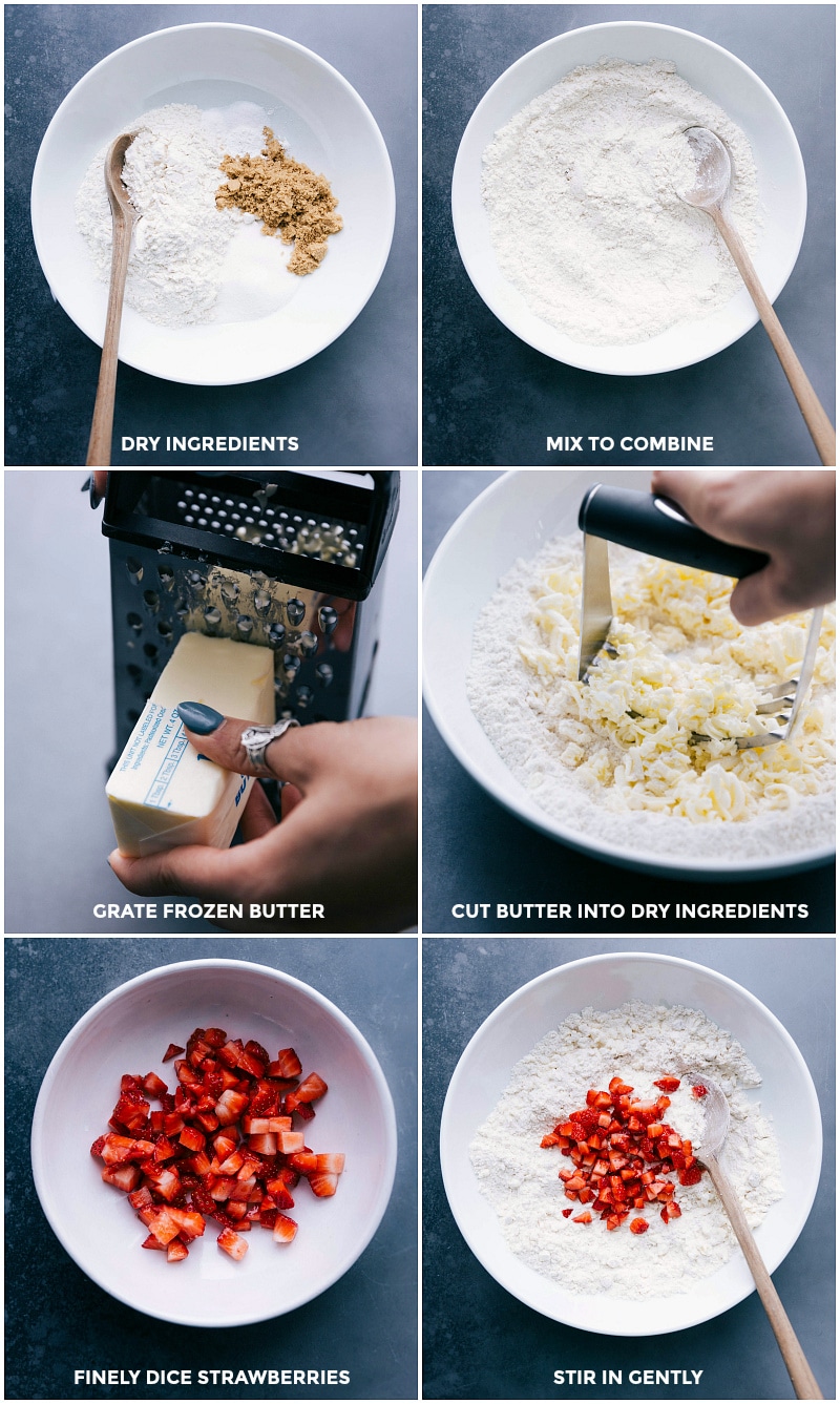 Process shots-- images of the dry ingredients being prepped; butter being grated; cut into the dry ingredients; diced strawberries; berries added to the dry ingredients.