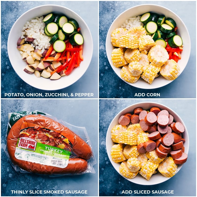 Process shots-- images of all the veggies being cut up and added to a bowl and then the sausage being sliced and added on top