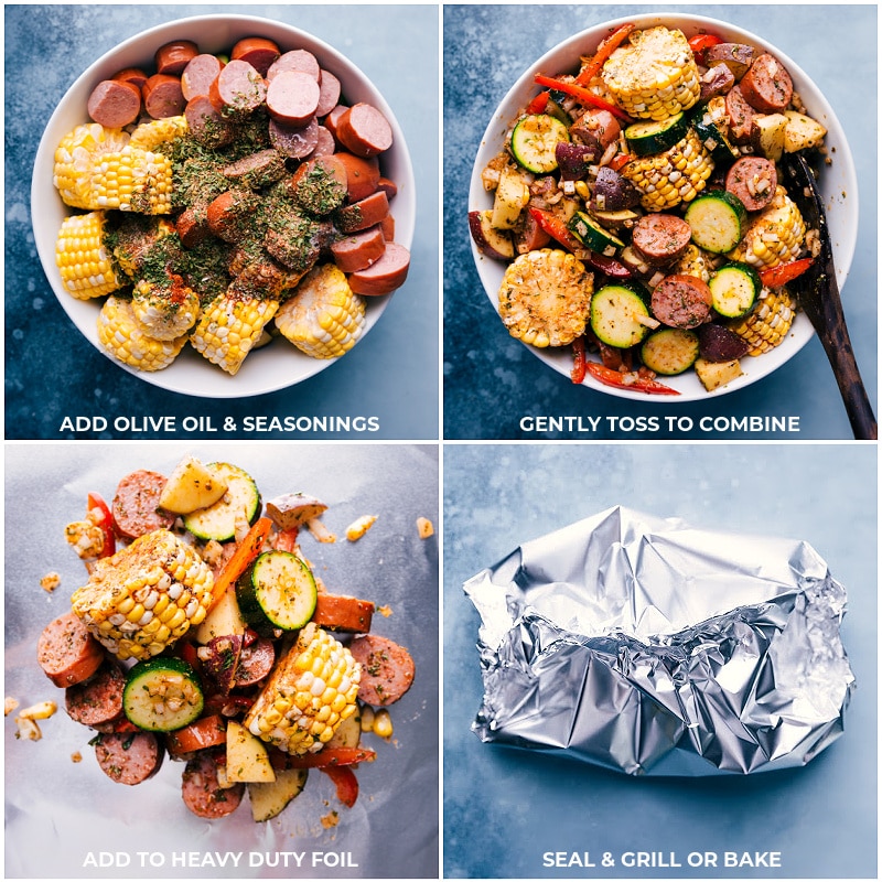 Process shots-- images of the oil and seasonings being added on top of these tin foil sausage and veggies and then the mixture being added to foil and sealed to grill or bake