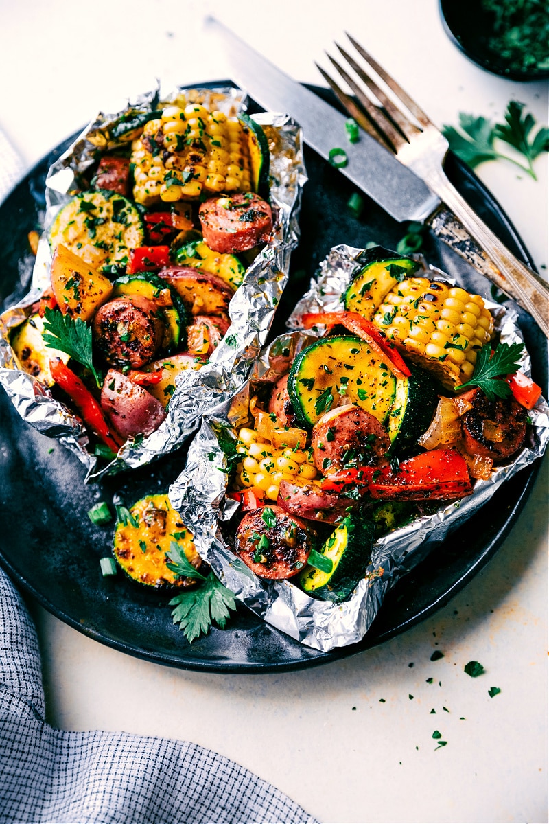 Overhead image of the tin foil sausage and veggies dinner