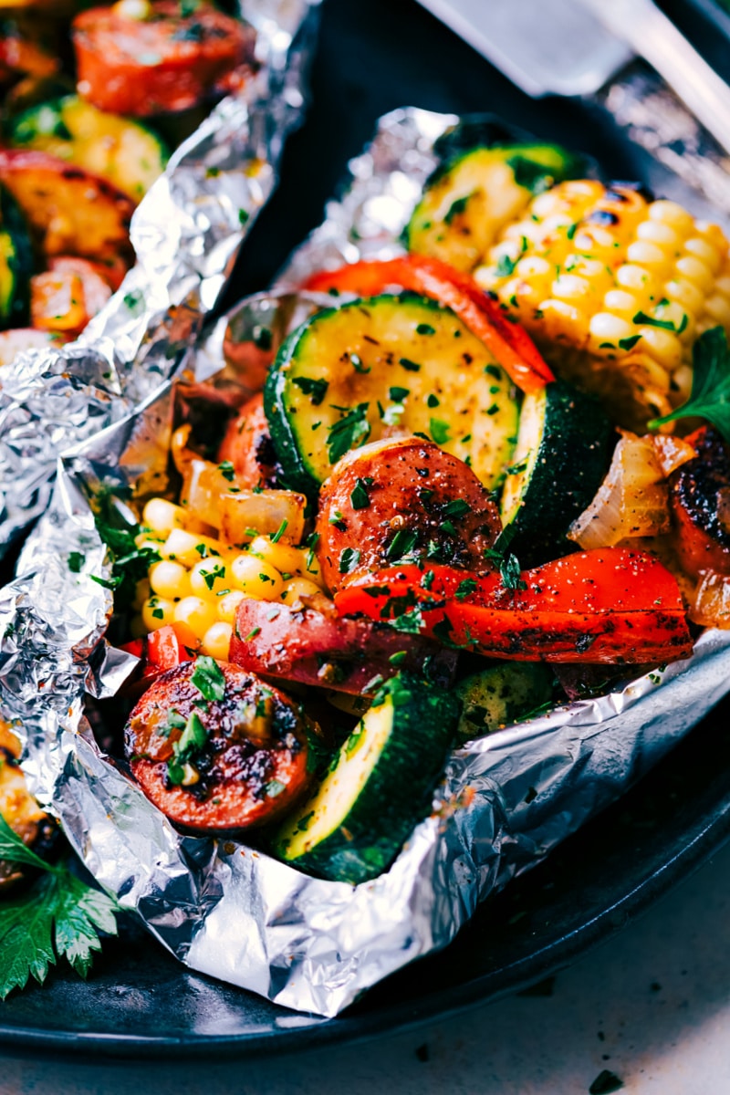 Up close overhead image of this meal fresh out of the oven still in the foil