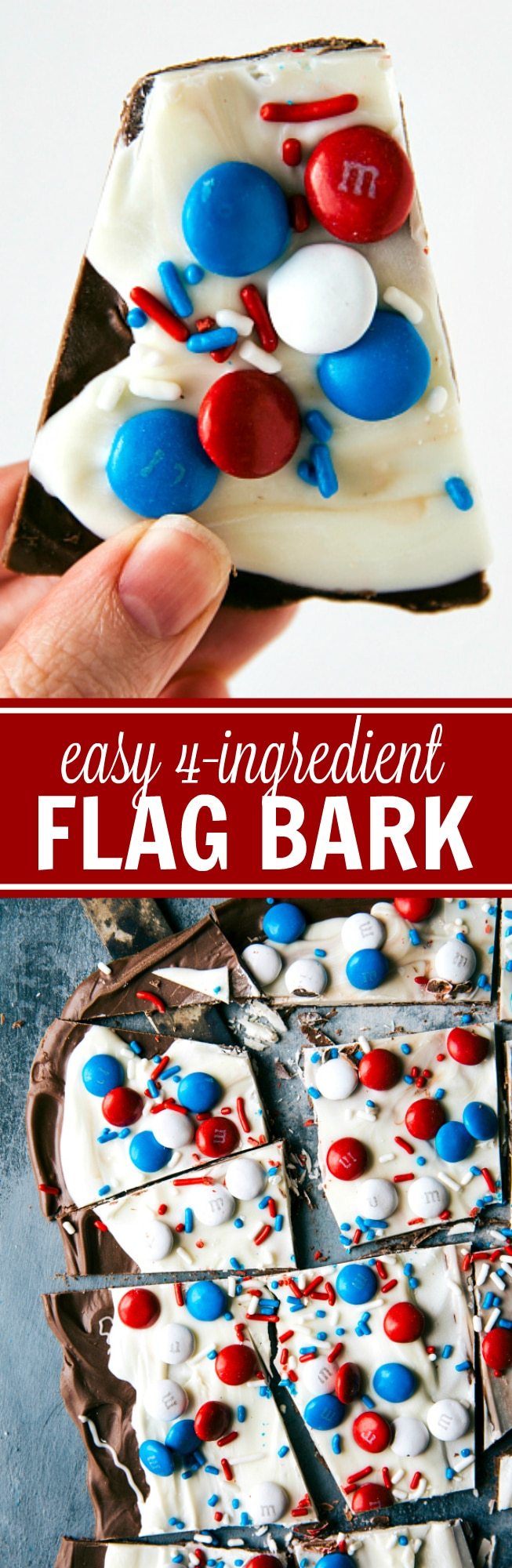 FOUR INGREDIENT Patriotic Fourth of July or Memorial Day Treat! Flag bark made with only 4 easy ingredients. This bark is no bake, quick to assemble, and kid friendly! Recipe is from chelseasmessyapron.com