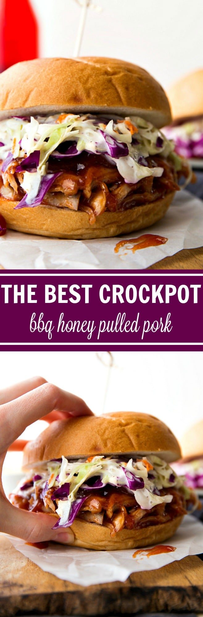The absolute BEST honey BBQ pulled pork sandwiches made simple in the CROCKPOT! Recipe via chelseasmessyarpon.com