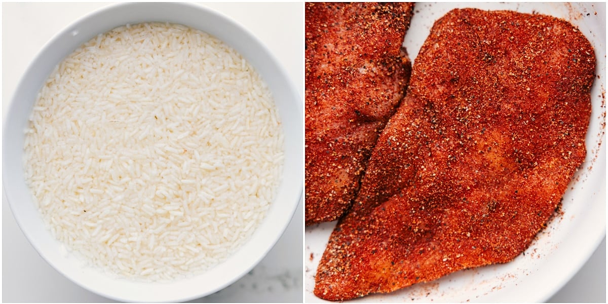 Rice being soaked and chicken rubbed in seasoning for this chicken rice foil packs.