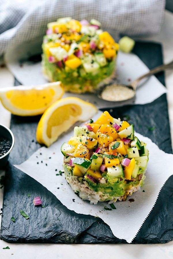 Image of two Tuna Stacks, ready to be eaten.