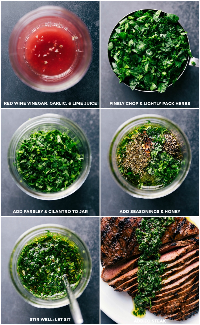 Creating homemade chimichurri sauce by mixing red wine vinegar, garlic, lime juice, fresh herbs, seasonings, and honey for a perfect finish.