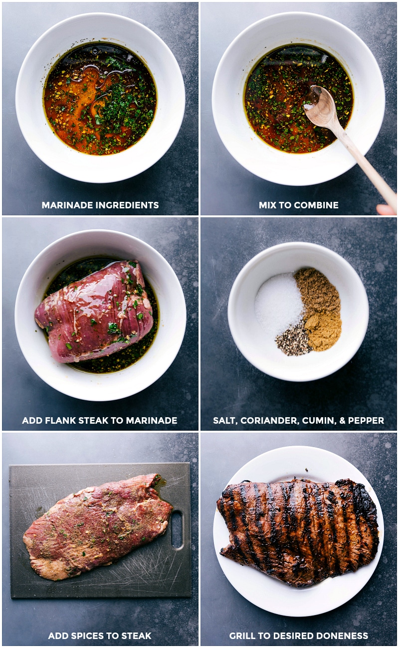 Process shots: Assemble the marinade ingredients; mix to combine; add steak to the mixture; separately, combine the rub ingredients; sprinkle over steak and rub in; grill to desired level of doneness.