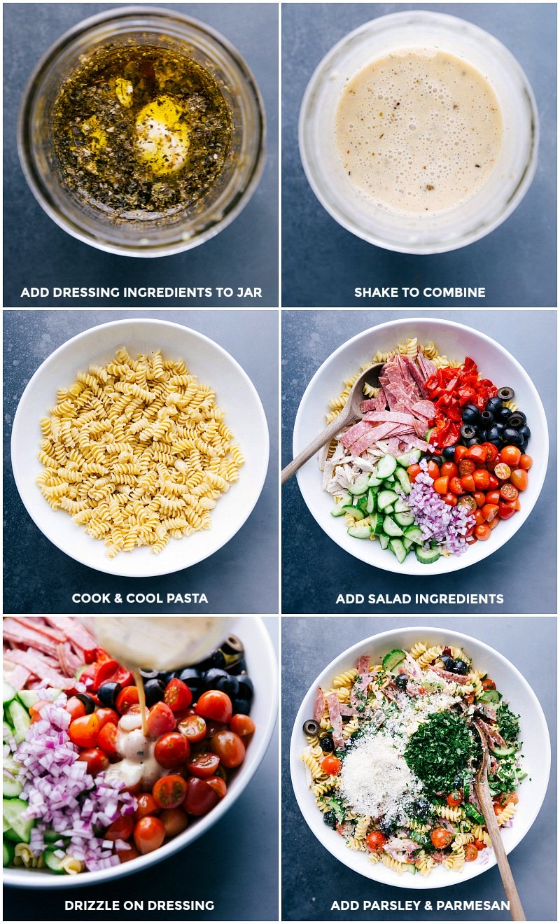 Process shots: adding dressing ingredients to a jar; shaking the jar to mix; cooked and cooled pasta; additional ingredients added; drizzling on the dressing; adding parsley and Parmesan cheese.