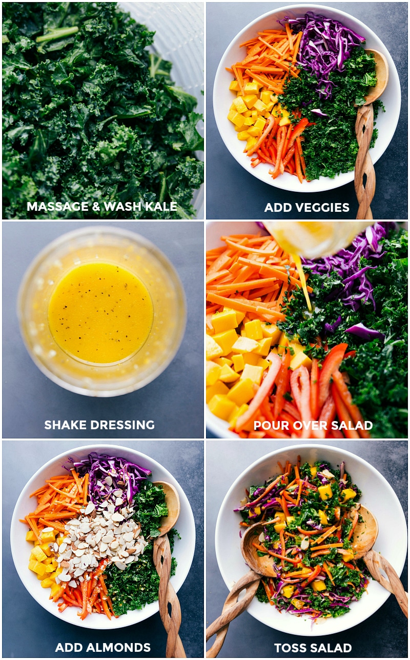 Greens being rinsed and massaged, with vegetables, dressing, and almonds added before tossing together.