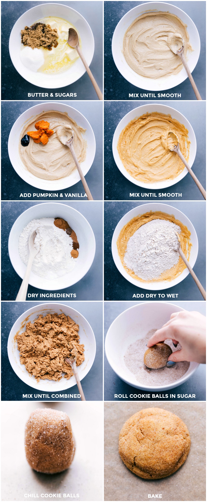 Process shots-- images of the butters and sugars being mixed together; adding pumpkin and vanilla; mixing together the dry ingredients; and combing it with the wet ingredients; the cookies being rolled into balls and rolled in the sugar; and then being baked.