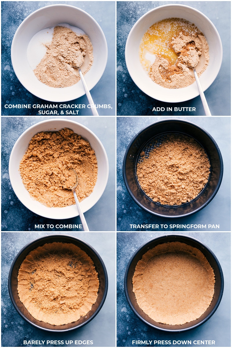 Process shots-- making the graham cracker crust; pressing it into the pan