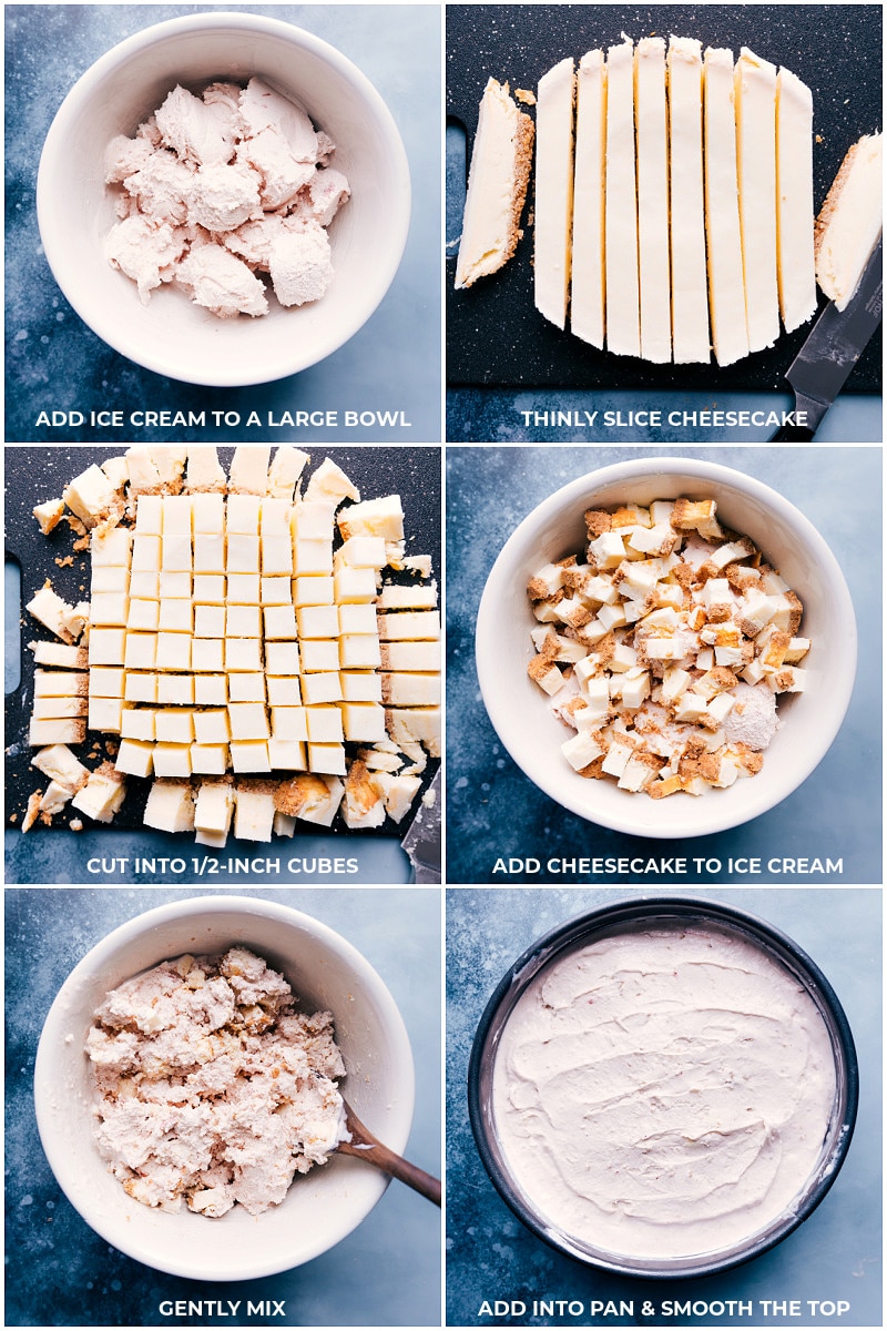 Process shots-- add ice cream to a large bowl; slice cheesecake into cubes; add to ice cream; mix gently; add to the pan and smooth the top.