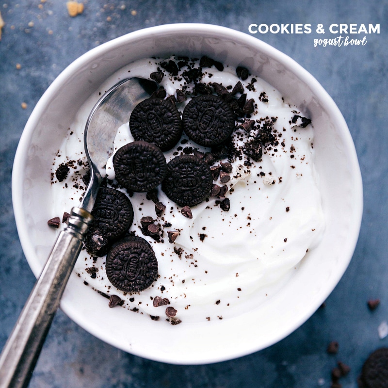 Overhead image of the cookies and cream bowl with a spoon in it ready to be eaten