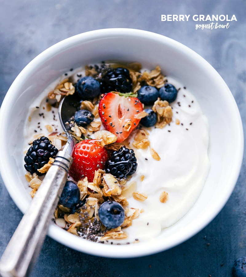 Overhead image of berry-granola Yogurt Bowl with fresh berries and granola on top, with a spoon in it, ready to be eaten.