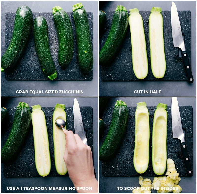 Process shots: Select similar-sized zucchini; cut each in half lengthwise; scoop out the seeds and most of the flesh with a small measuring spoon.