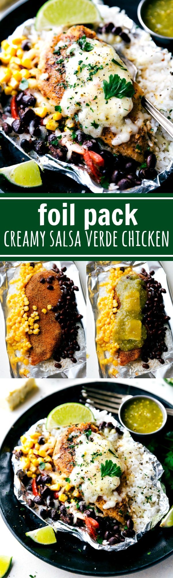 EASY FOIL PACKET Creamy salsa verde chicken with rice and veggies all cooked at once in a foil packet! No need to pre-cook the rice or chicken. This dish takes no more than 10 minutes to assemble and is bursting with delicious Mexican flavor! Also, make these packets into TACOS for another quick and easy dinner. Recipe from: chelseasmessyapron.com