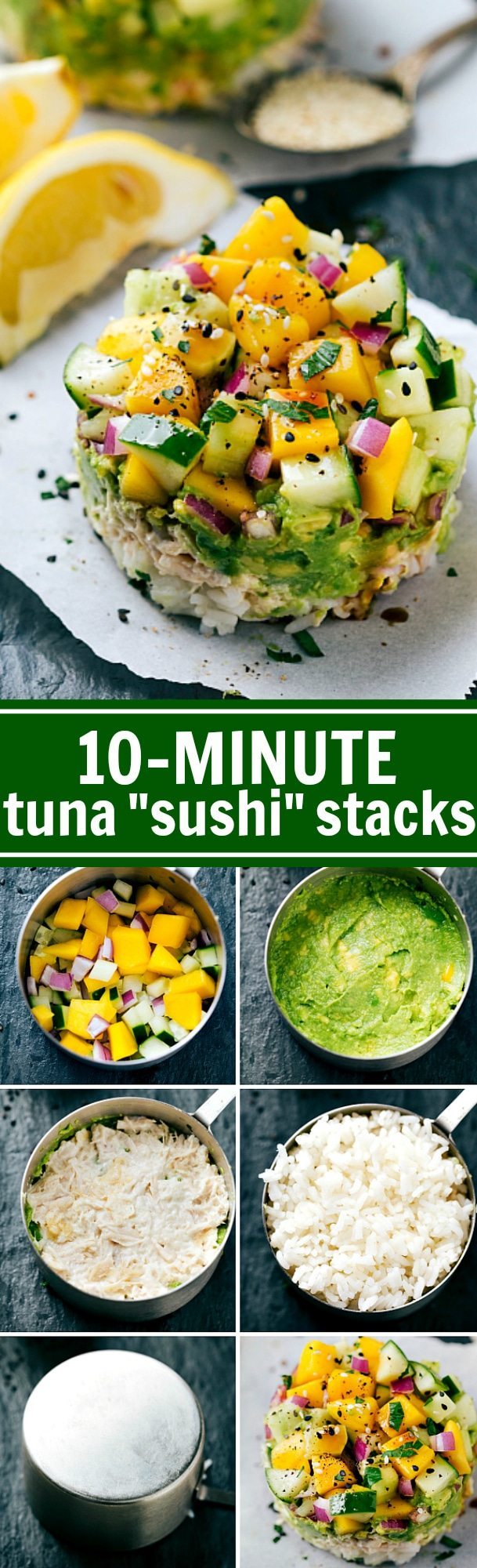 Use a CUP MEASURER to make SUSHI!! Tuna Sushi Stacks -- easy, healthy, kid-friendly, and delicious plus there is a simple sriracha mayo! Recipe via chelseasmessyapron.com