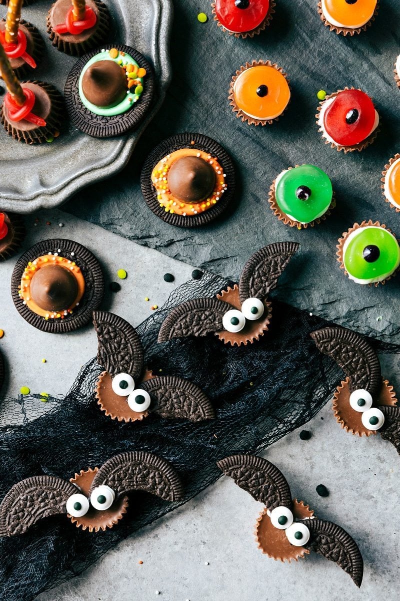 BAT BITES. Easy, cute, festive, and fun-to-make Halloween treats -- each with three ingredients or less. Monster eyeballs, witches hats, witches brooms, and bat bites.