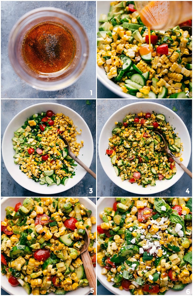 Dressing being poured onto corn salad, mixture being stirred, and fresh feta cheese sprinkled on top, ready for serving.