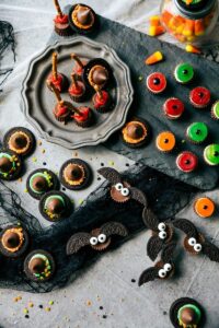 Easy, cute, festive, and fun-to-make Halloween treats -- each with three ingredients or less. Monster eyeballs, witches hats, witches brooms, and bat bites.