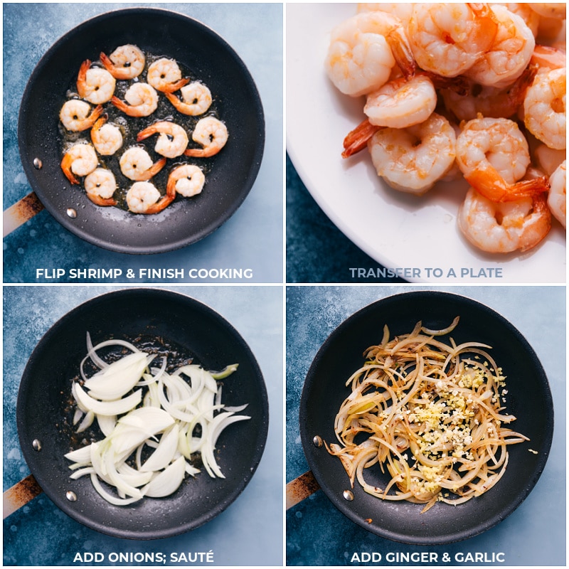 Process shots of the Honey Garlic Shrimp-- images of the shrimp being cooked and transferred to a plate and the onions being sautéed along with garlic and ginger