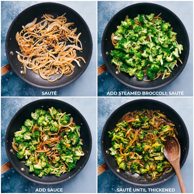 Process shots-- images of the broccoli and sauce being added and it all being sautéed together