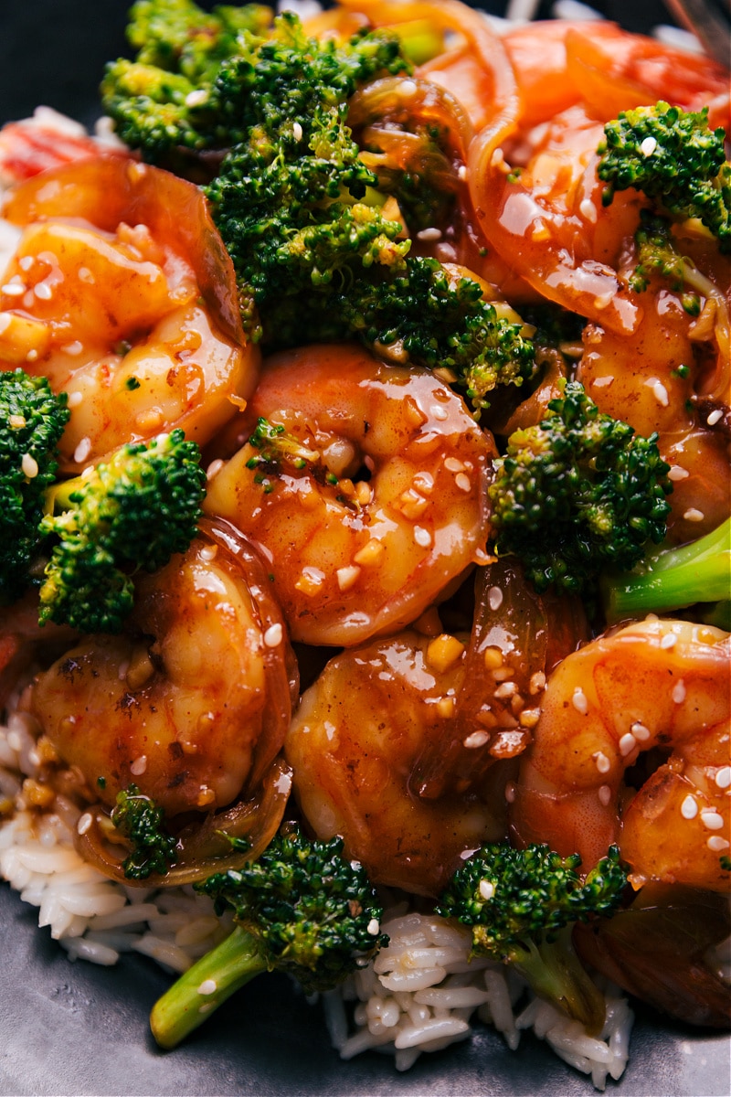 Up close overhead image of the honey garlic shrimp on a plate ready to be served