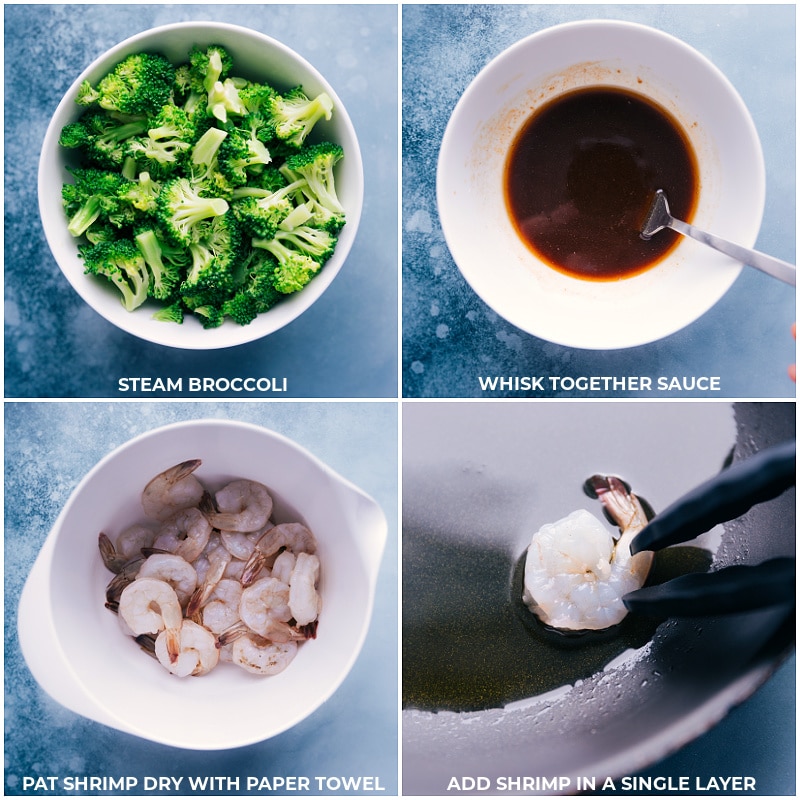 Process shots-- images of the broccoli being added to a bowl, the sauce being whisked together, and the shrimp being prepped and placed on the frying pan