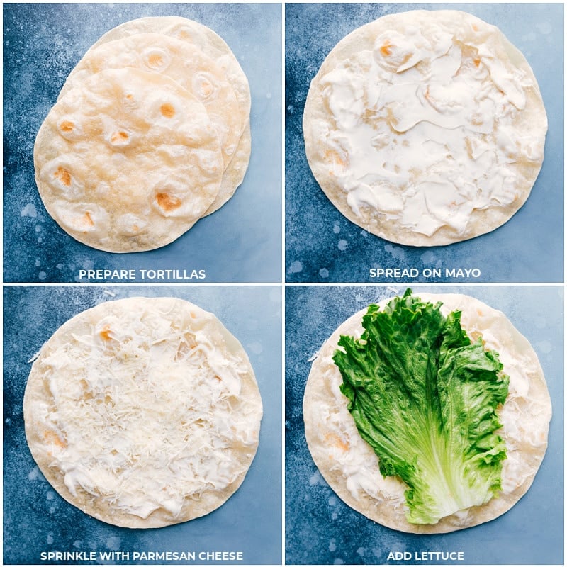 Process shots-- images of the mayo, lettuce, and Parmesan cheese being added to tortilla.