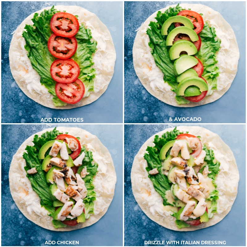 Images of the tomatoes, avocado, chicken, and dressing being added on top of these Italian wraps