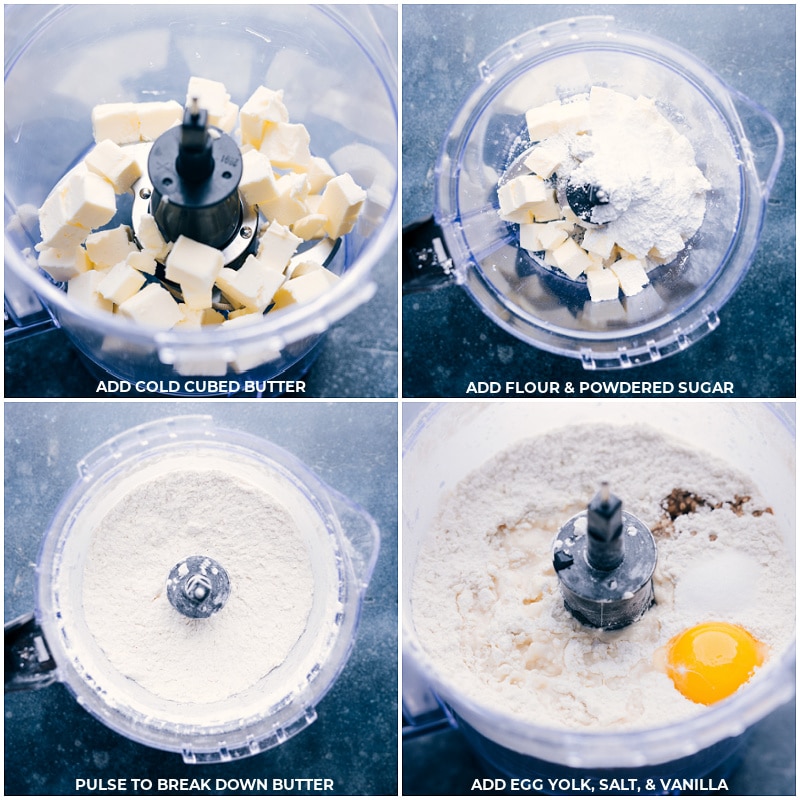 Process shots to make the crust: Add cold cubed butter, flour and powdered sugar to the bowl of a food processor; pulse to break down butter; add egg yolk, salt and vanilla