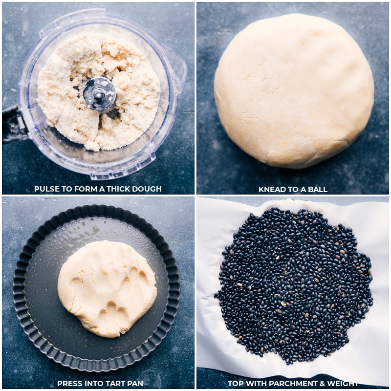 Process shots--making the crust: pulse ingredients to form the dough; knead into a ball; press into the tart pan; top with parchment paper filled with weights.