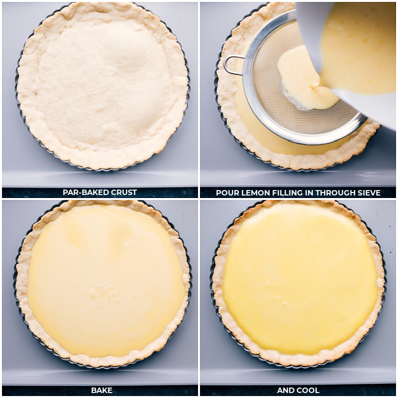 Process shots: Pour lemon filling through a sieve onto the par-baked crust; bake and let cool.