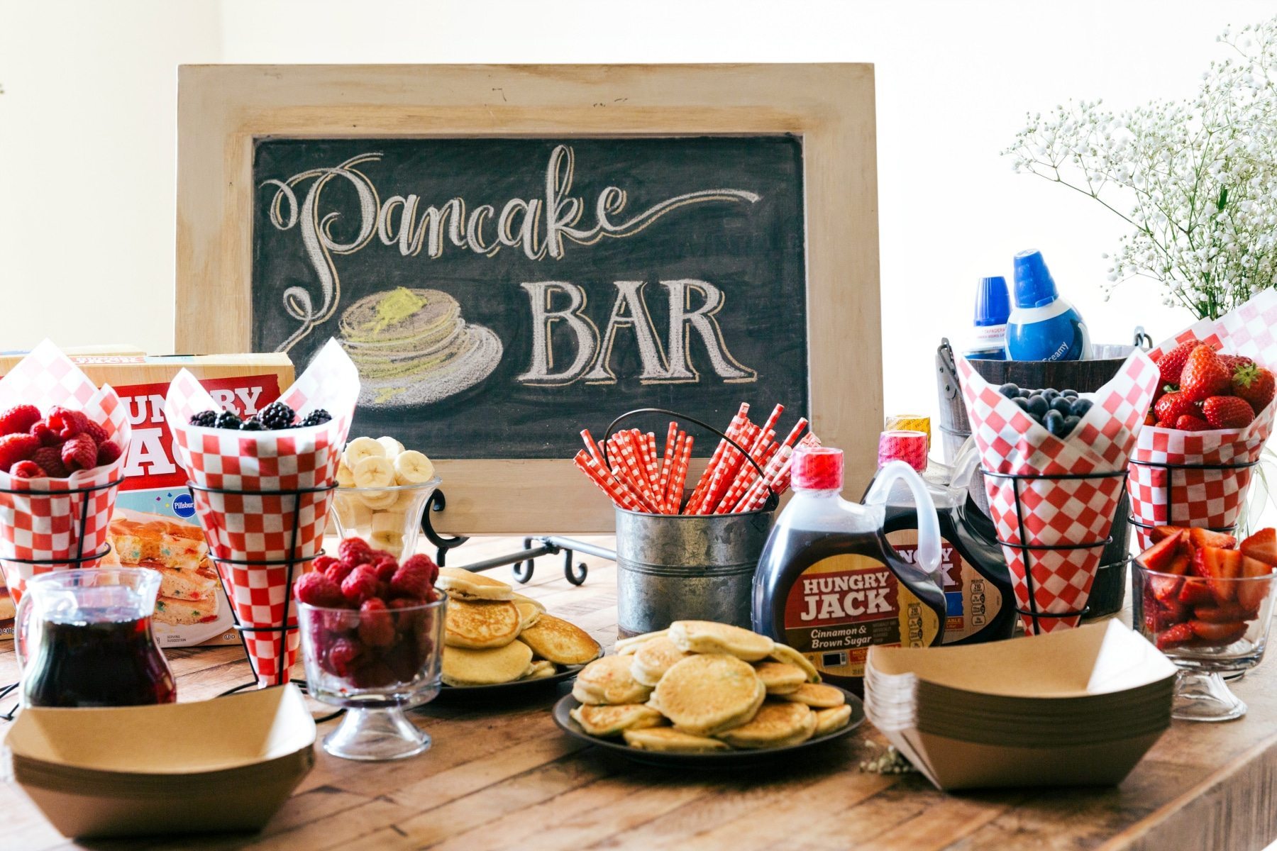 A great idea for a party, baby shower, wedding shower, birthday, etc. An easy PANCAKE BAR with a SPARKLING JUICE BAR! (Non alcoholic)