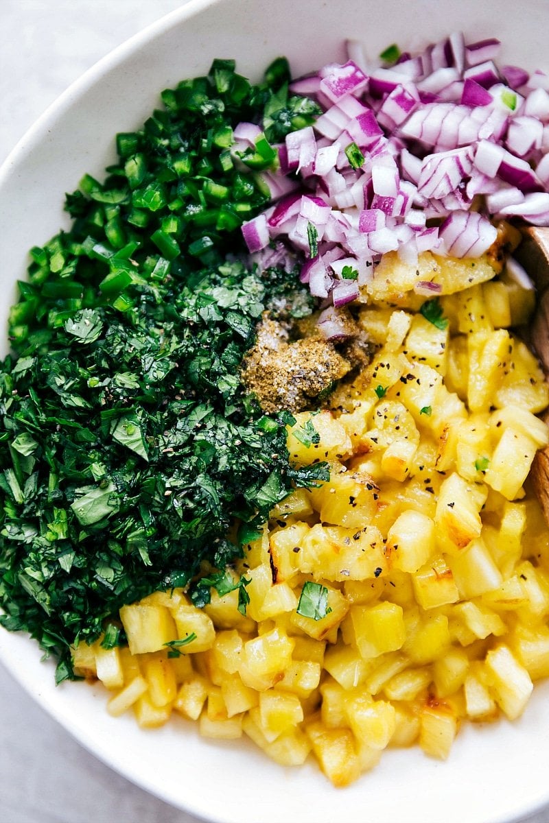 Image of all the ingredients that go into the salsa for this recipe.